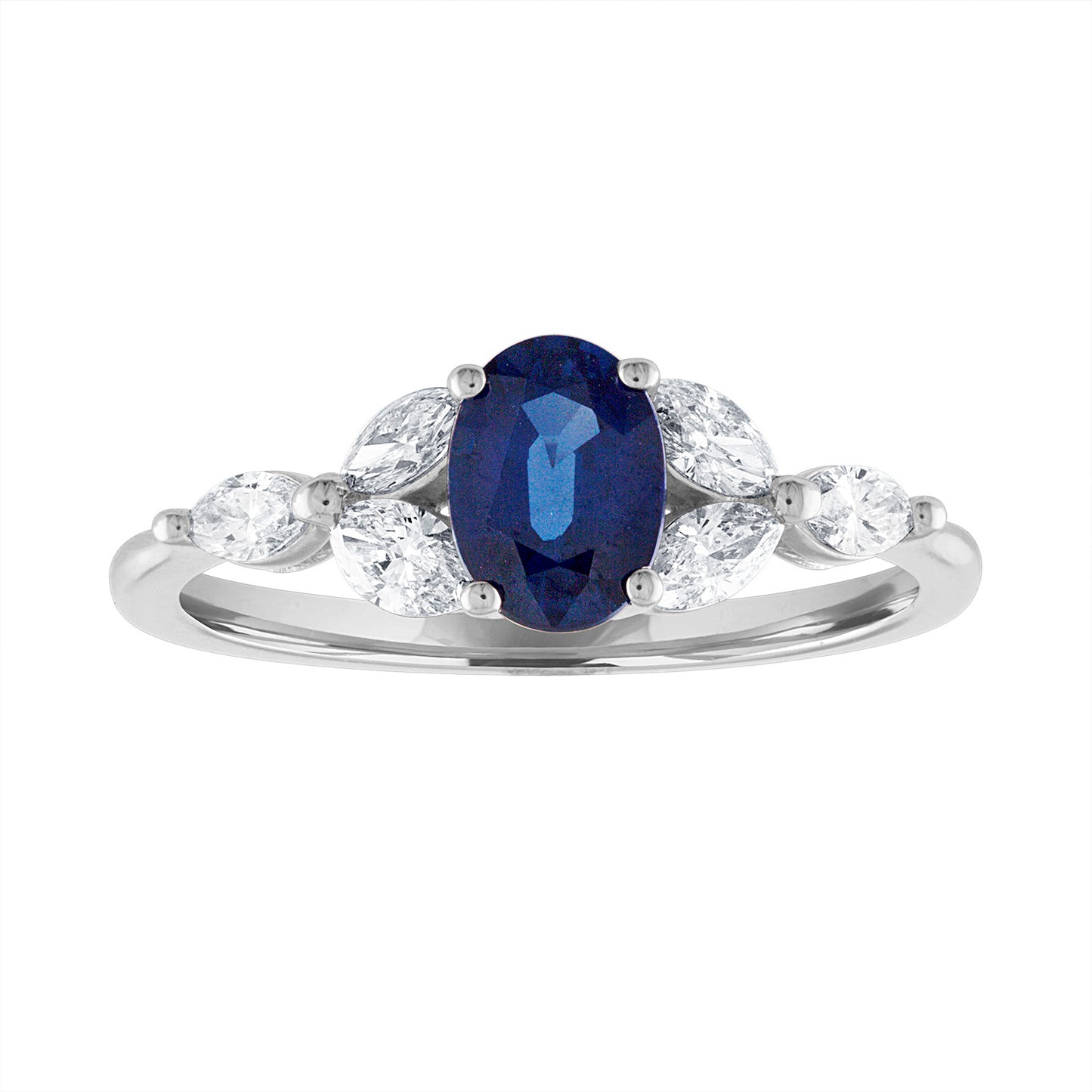 14K White Gold Oval Sapphire & Marquise Diamond Ring