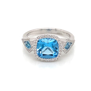 14K White Gold Blue Topaz & Diamond Halo Ring