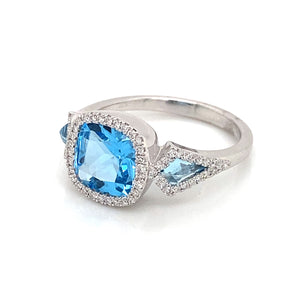 14K White Gold Blue Topaz & Diamond Halo Ring