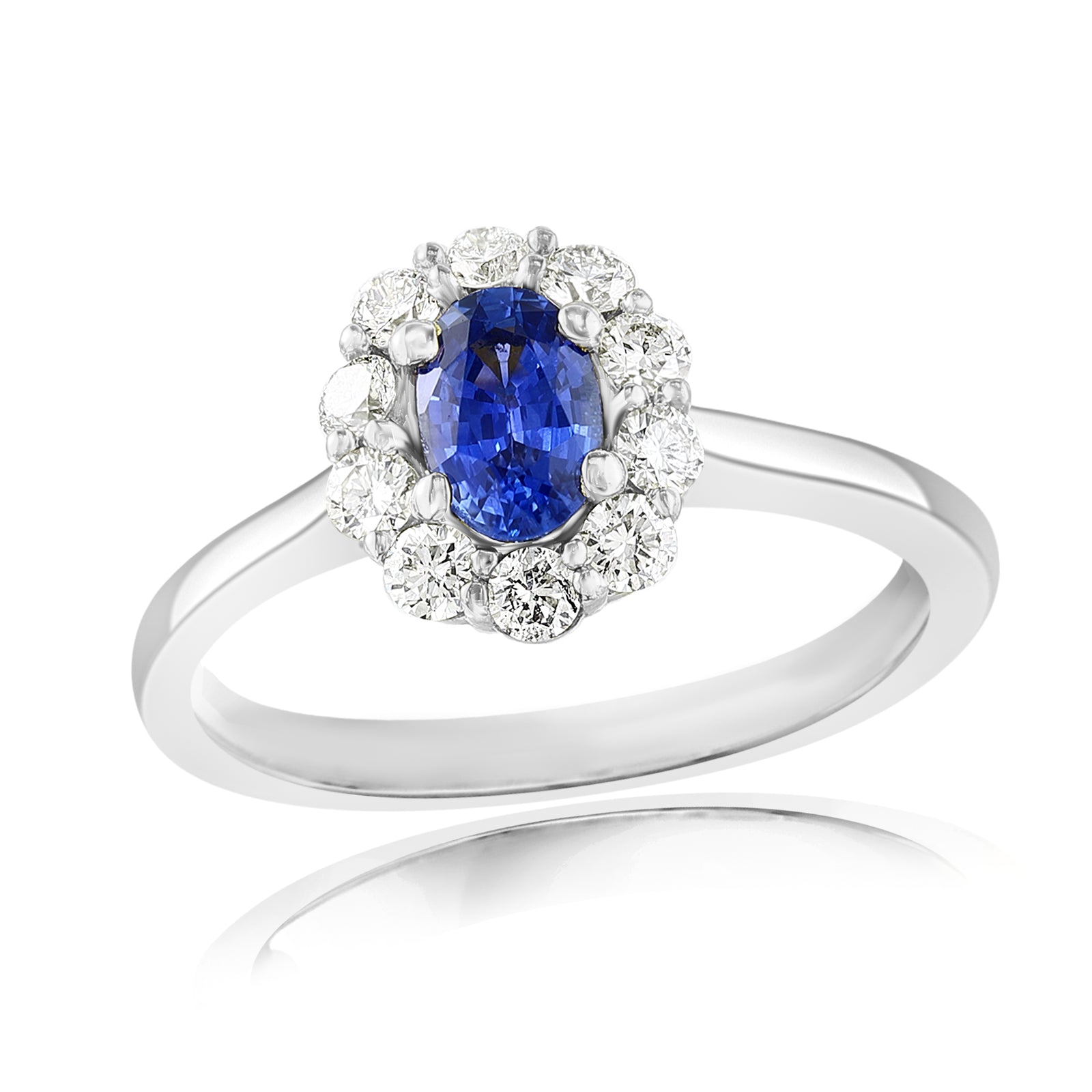 18K White Gold Oval Sapphire & Diamond Halo Ring