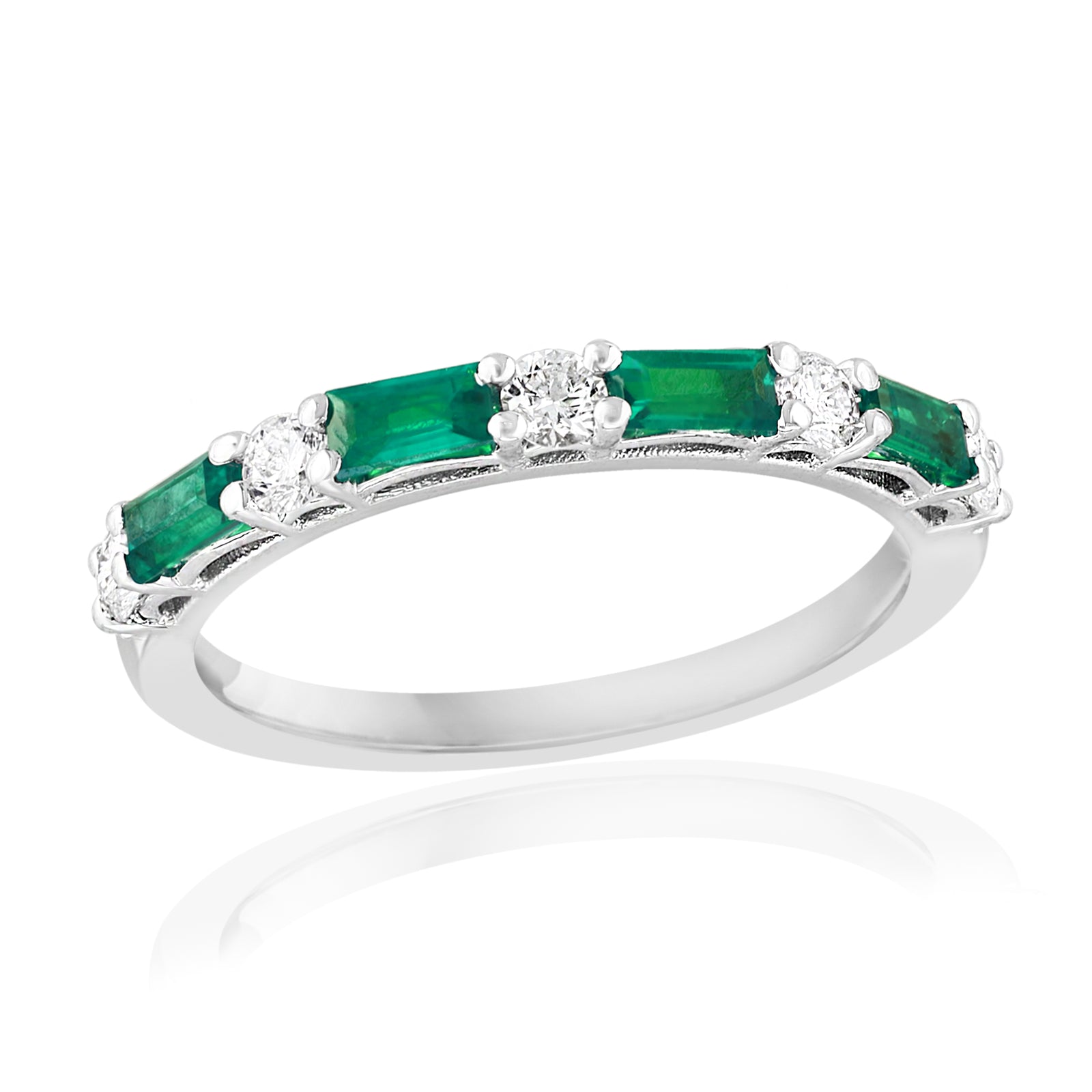 18K White Baguette Emerald & Diamond Alternating Ring