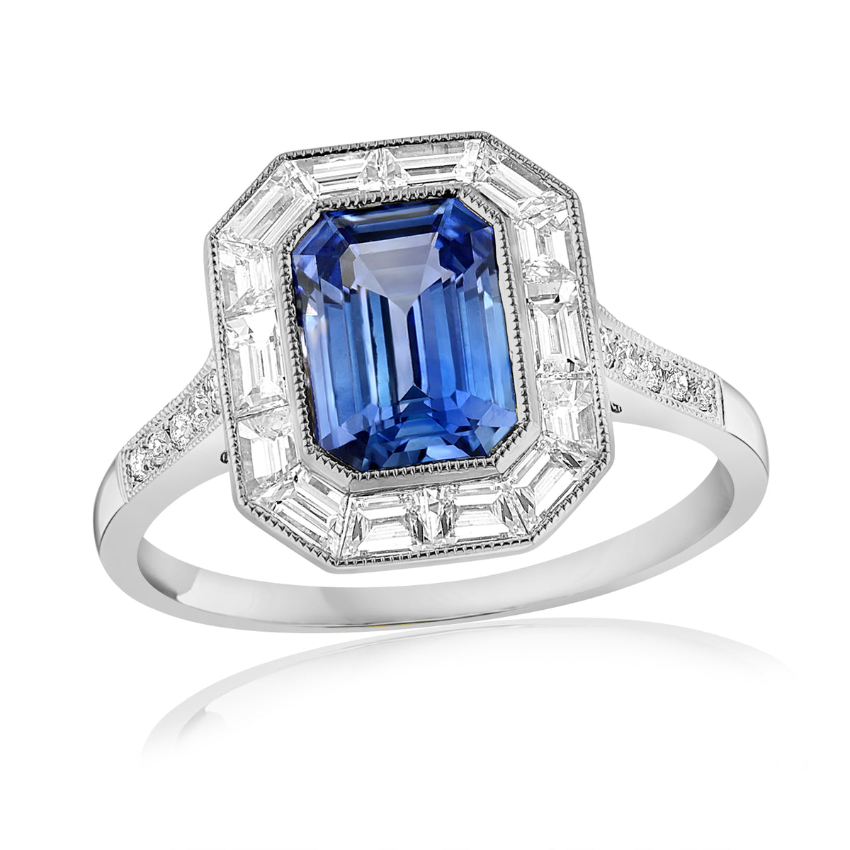 Platinum Sapphire & Diamond Halo Baguette Ring