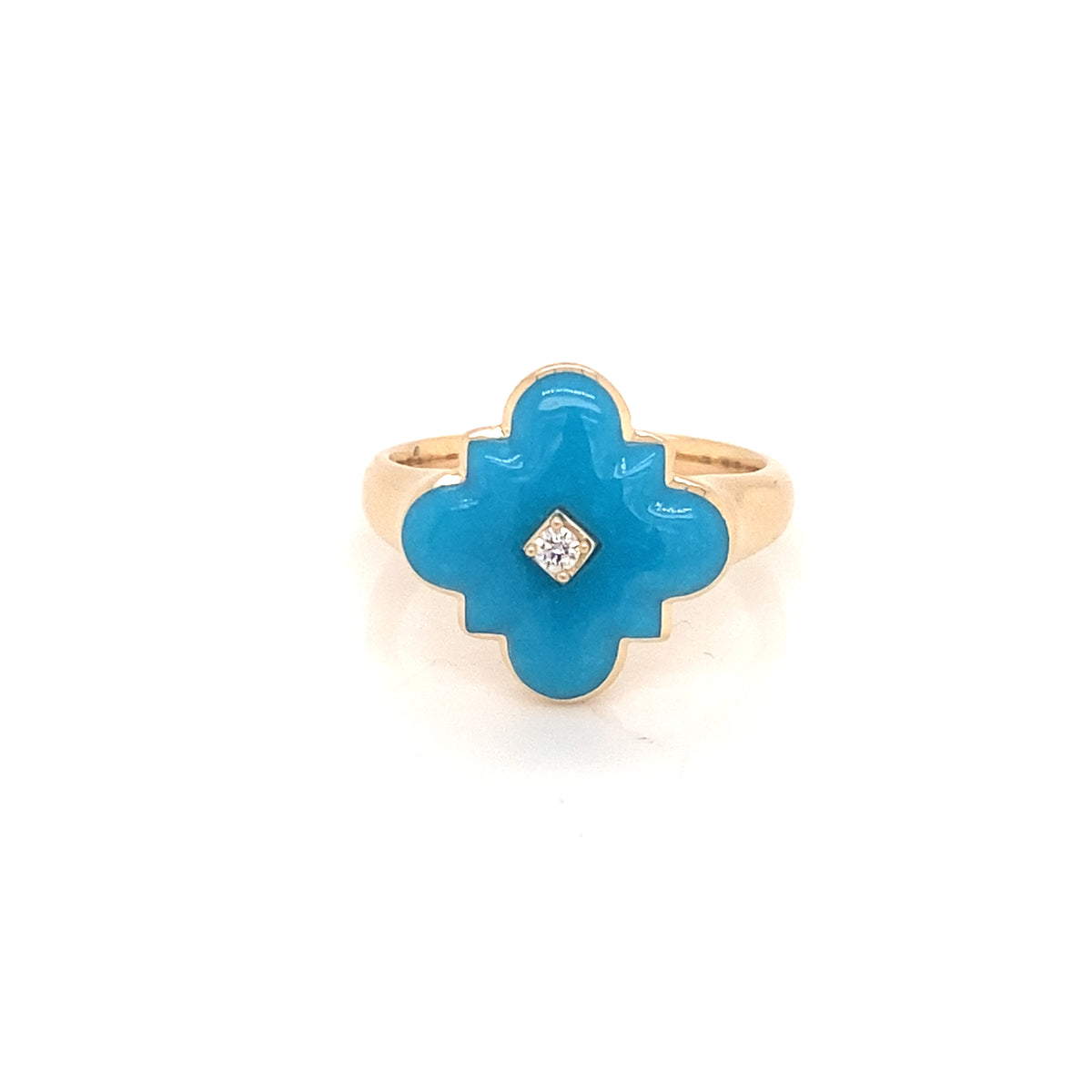 14K Yellow Gold Clover Turquoise And Diamond Ring