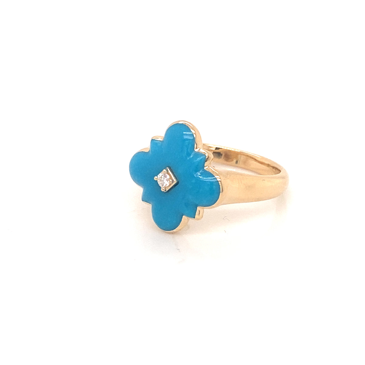 14K Yellow Gold Clover Turquoise And Diamond Ring