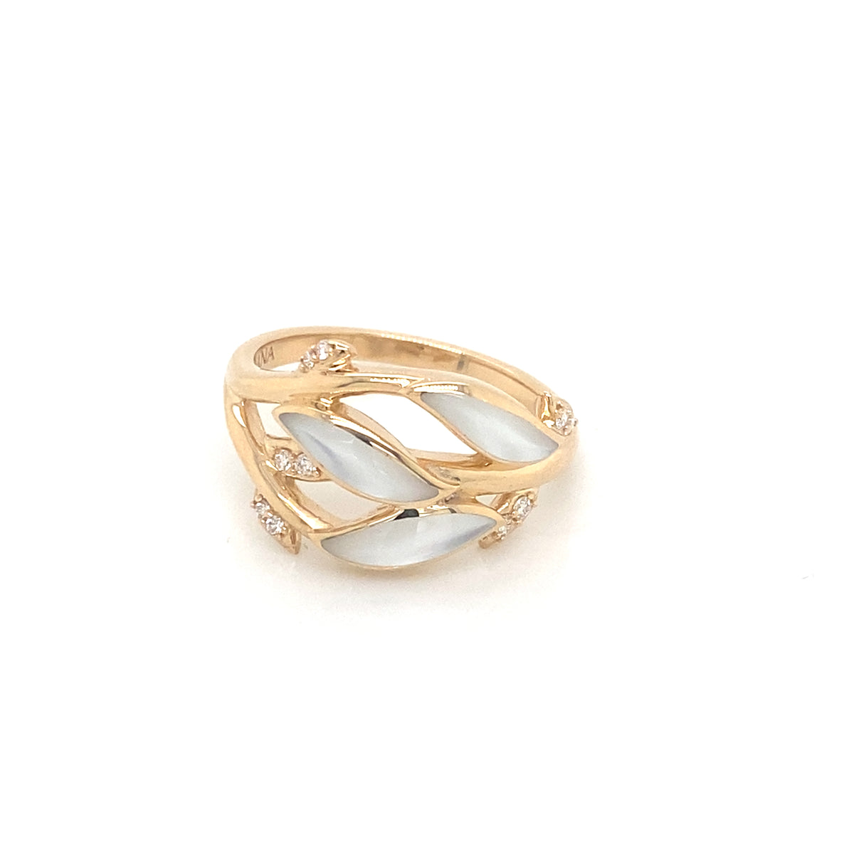 14K Yellow Gold Diamond And Mother Of Pearl Leaf Style Ring