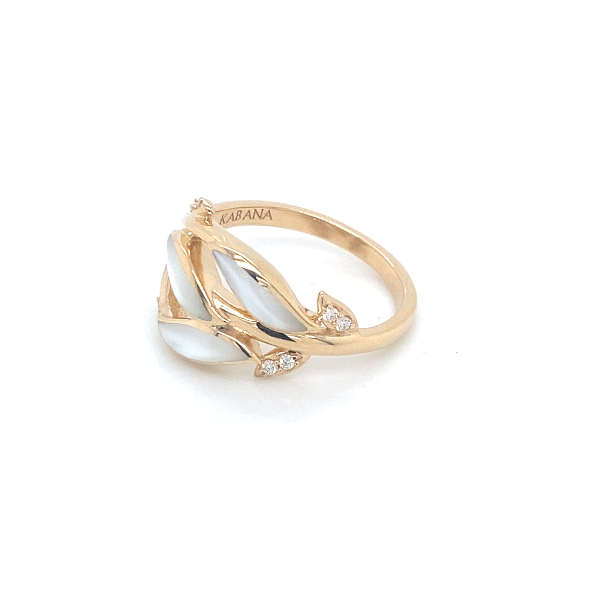 14K Yellow Gold Diamond And Mother Of Pearl Leaf Style Ring