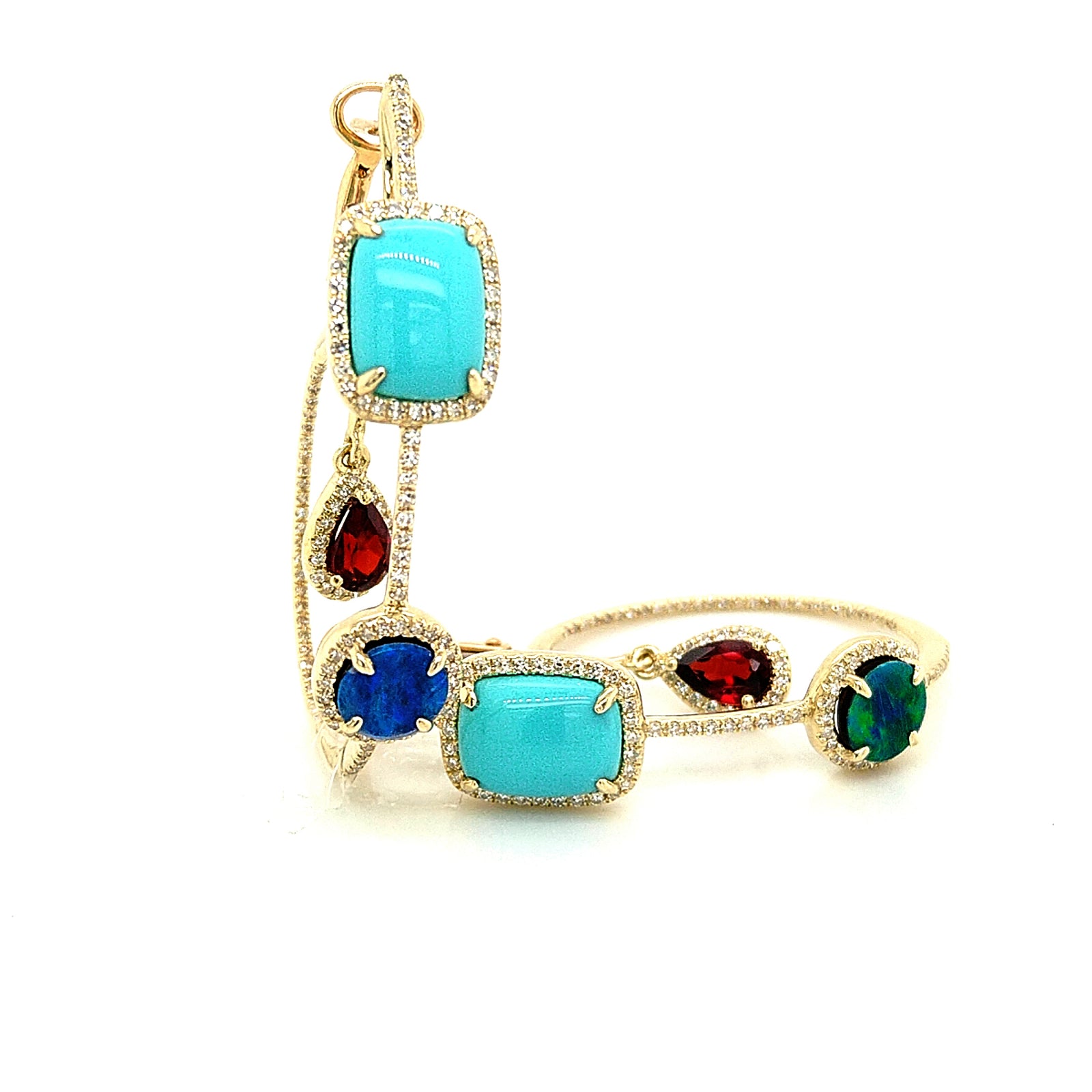 14K Yellow Gold Turquoise, Australian Opal, Garnet and Diamond Hoop Earrings