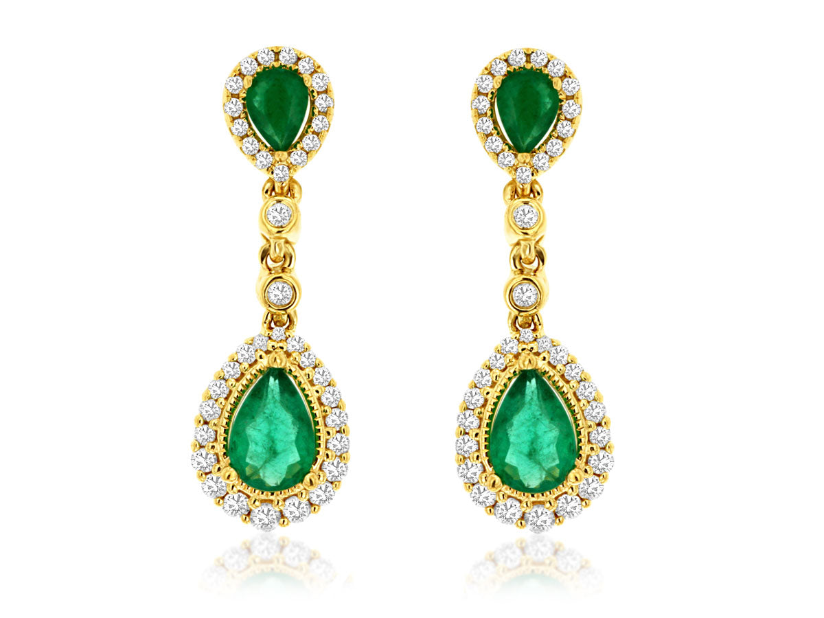 14K Yellow Gold Emerald & Diamond Drop Earrings