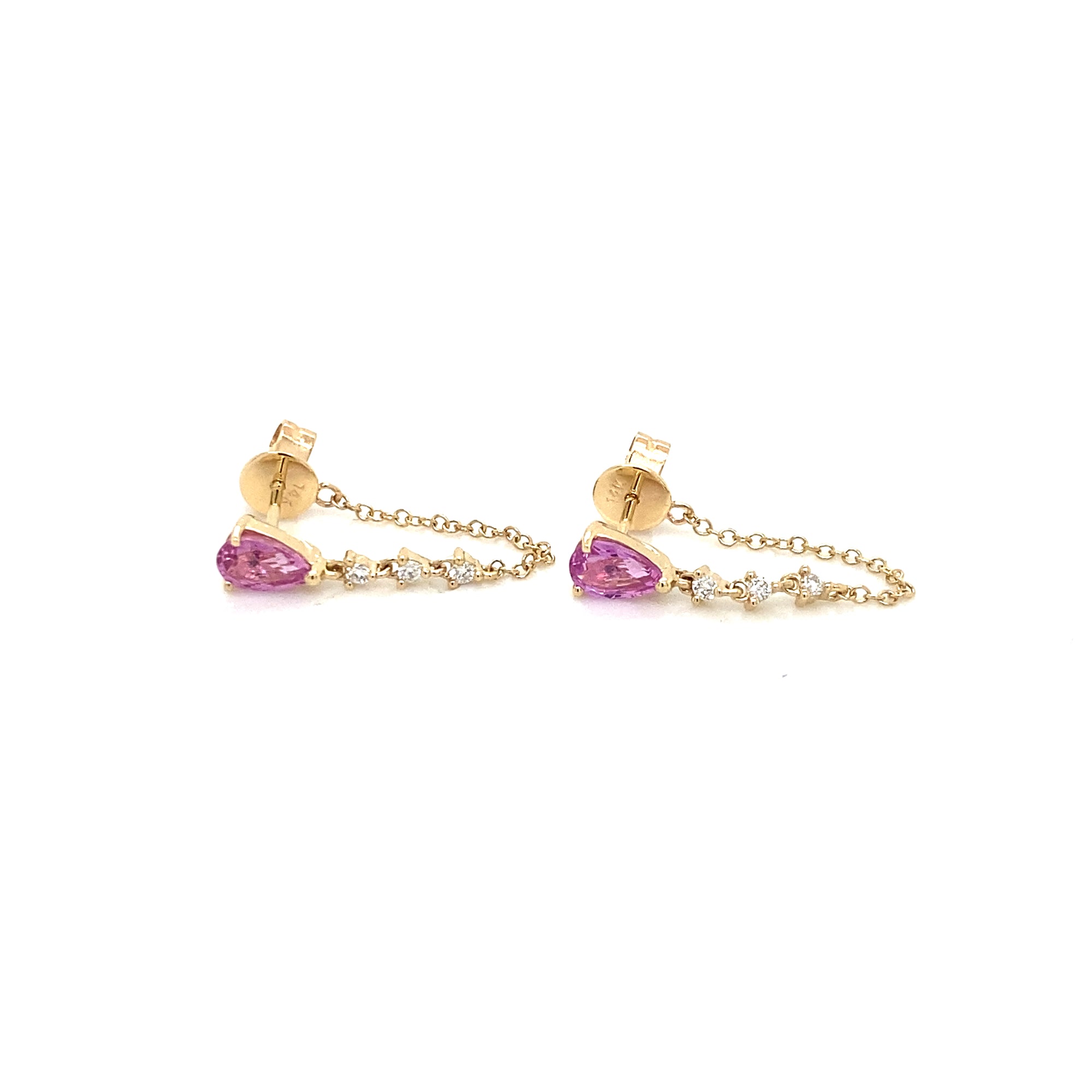 14K Yellow Gold Pink Sapphire & Diamond Threaded Chain Earrings