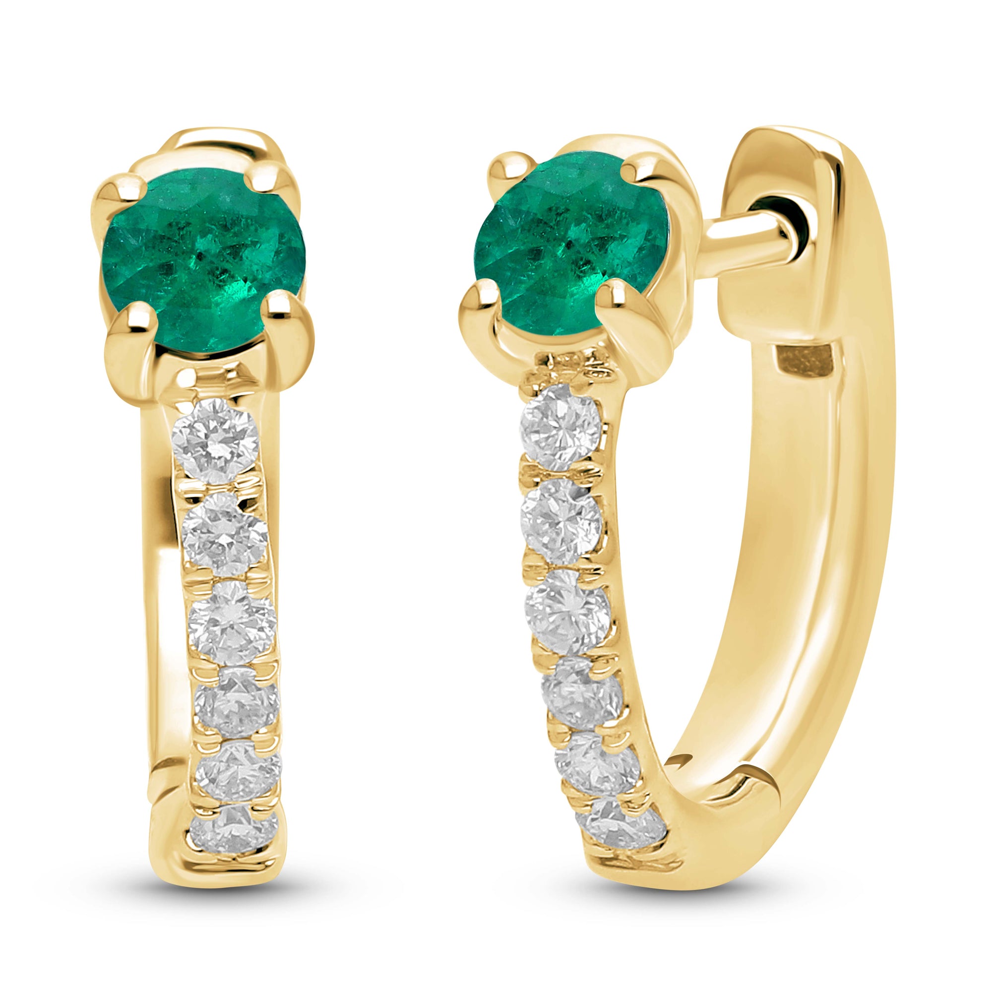 14K Yellow Gold Emerald & Diamond Small Hoop Earrings