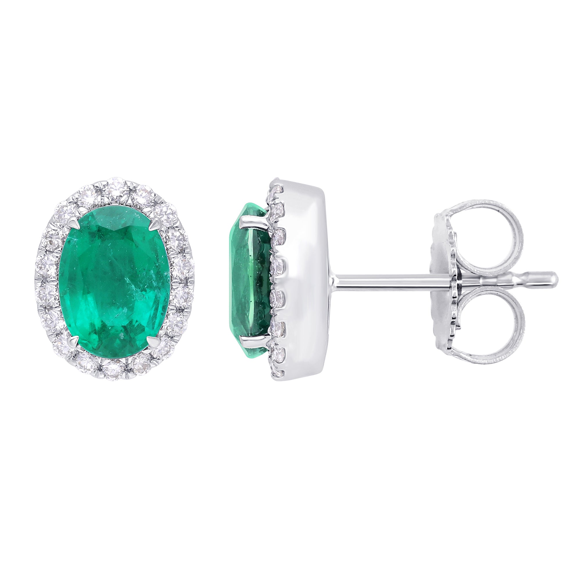 14K White Gold Emerald & Diamond Halo Oval Stud Earrings