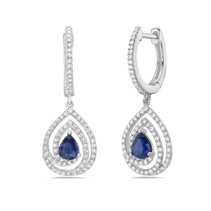 14K White Gold Sapphire & Diamond Halo Pear Shape Drop Earrings