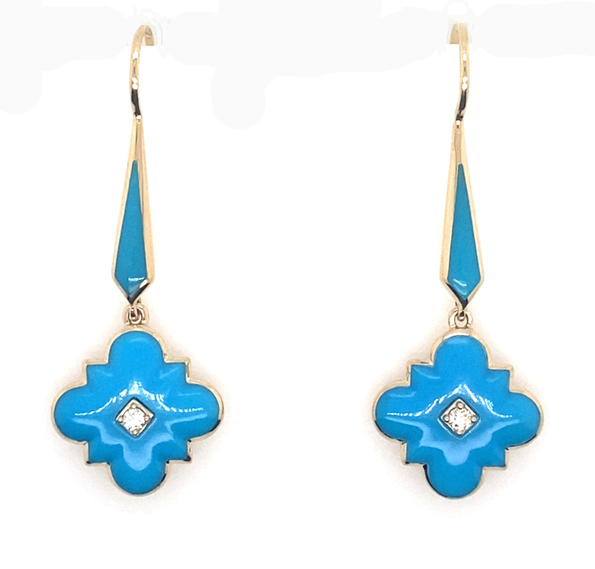 14K Yellow Gold Turquoise And Diamond Drop Clover Shape Earrings