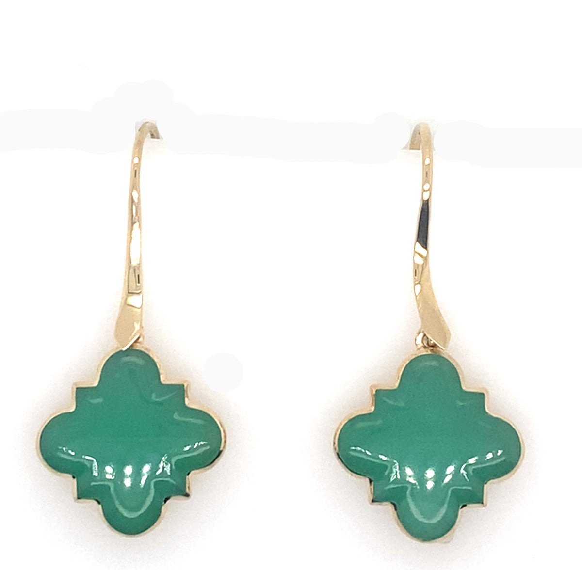 14K Yellow Gold Green Chrysoprase Clover Shape Drop Earrings