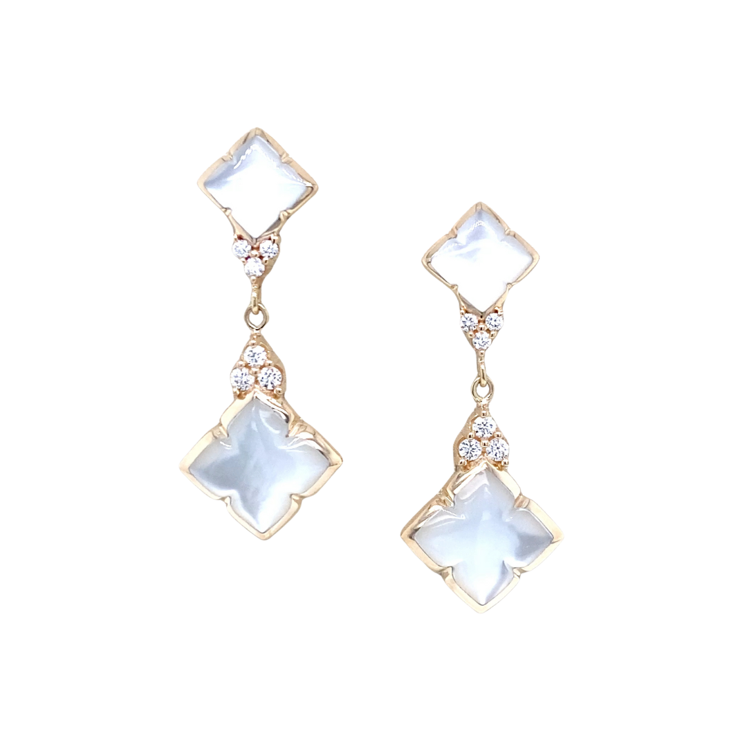 14K Yellow Gold Mother Of Pearl And Diamond Clover Dangle Earrings