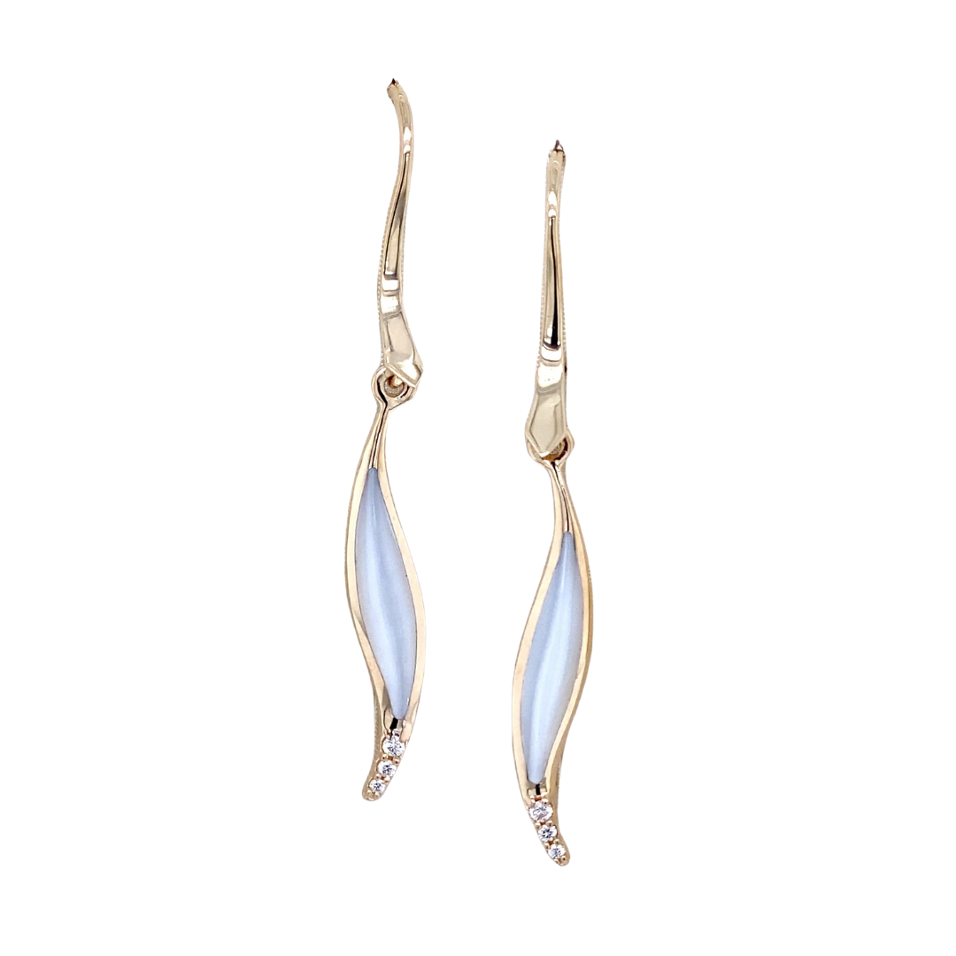14K Yellow Gold Diamond And Mother Of Pearl Dangle Earring With Wire Backs