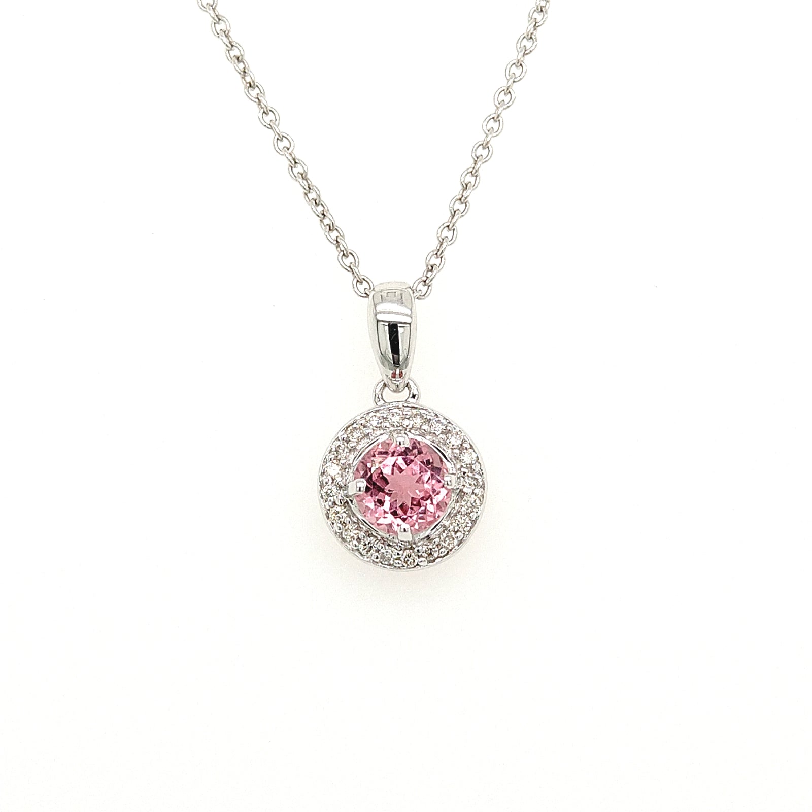 14K White Gold Pink Tourmaline & Diamond Halo Necklace