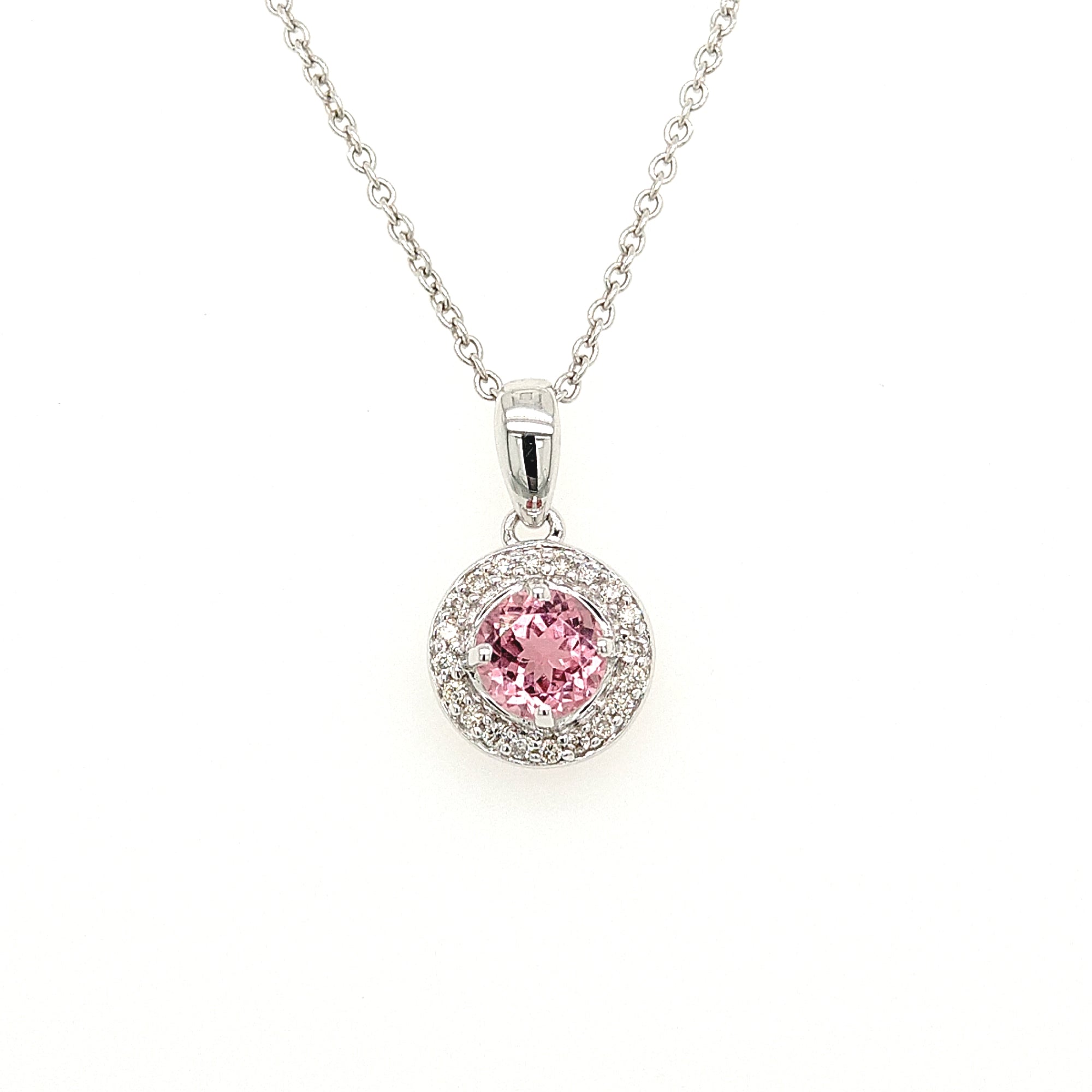 14K White Gold Pink Tourmaline & Diamond Halo Necklace
