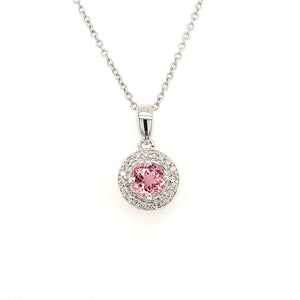 14K White Gold Pink Tourmaline & Diamond Halo Necklace