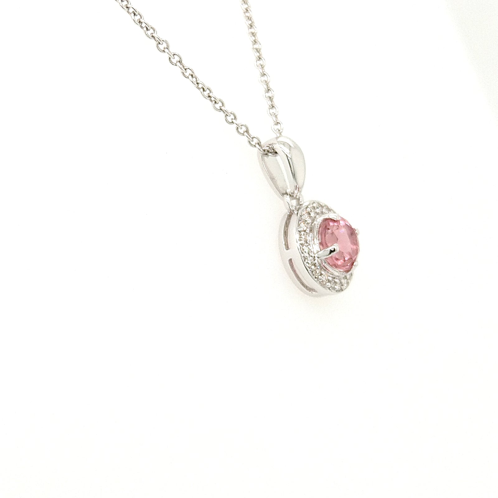 14K White Gold Pink Tourmaline & Diamond Halo Necklace