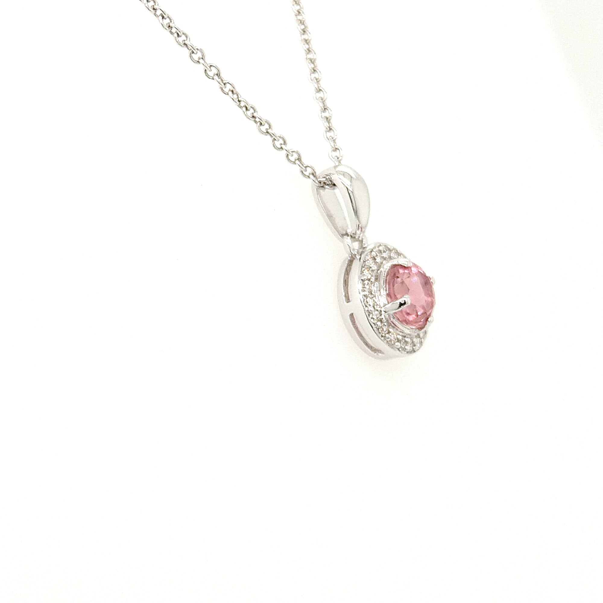 14K White Gold Pink Tourmaline & Diamond Halo Necklace
