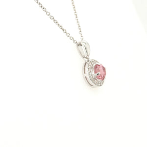 14K White Gold Pink Tourmaline & Diamond Halo Necklace