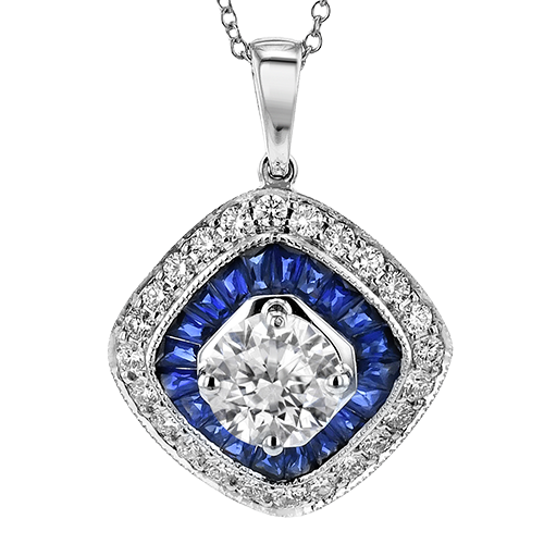 18K White Gold Blue Sapphire & Diamond Cushion Shape Necklace by Simon G. Jewelry