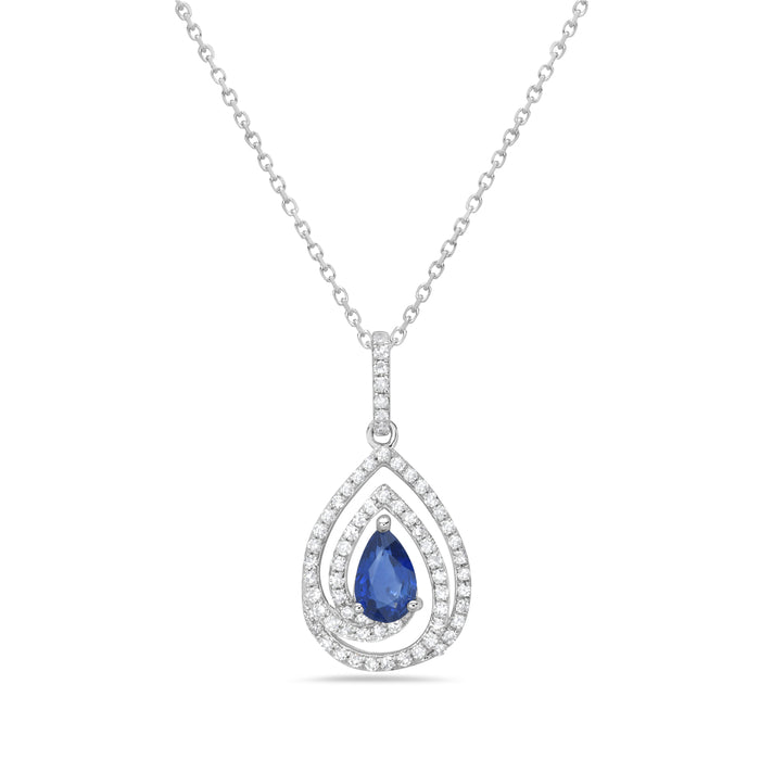 14K White Gold Sapphire & Diamond Halo Pear Shape Necklace
