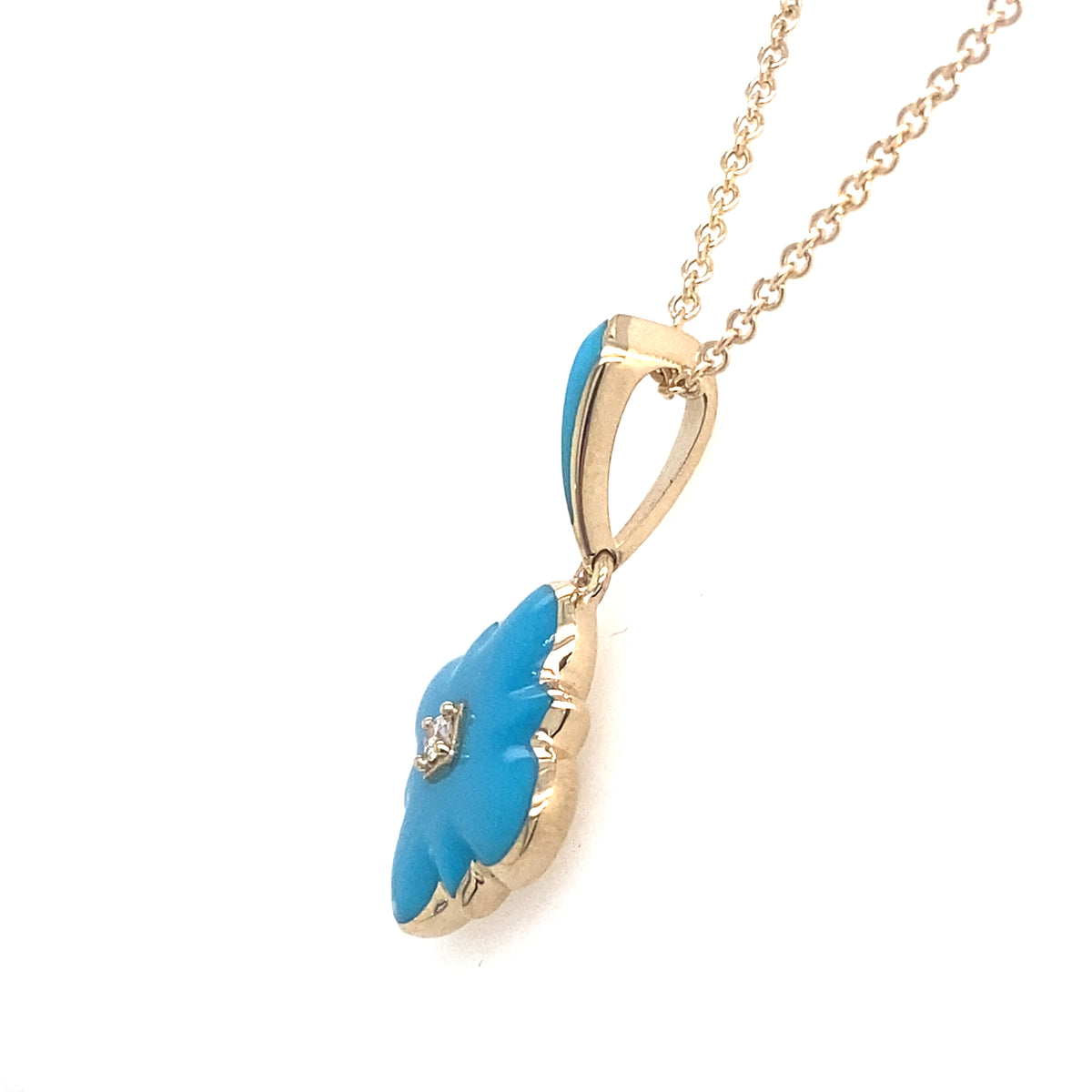 14K Yellow Gold Diamond And Turquoise Inlay Clover Pendant