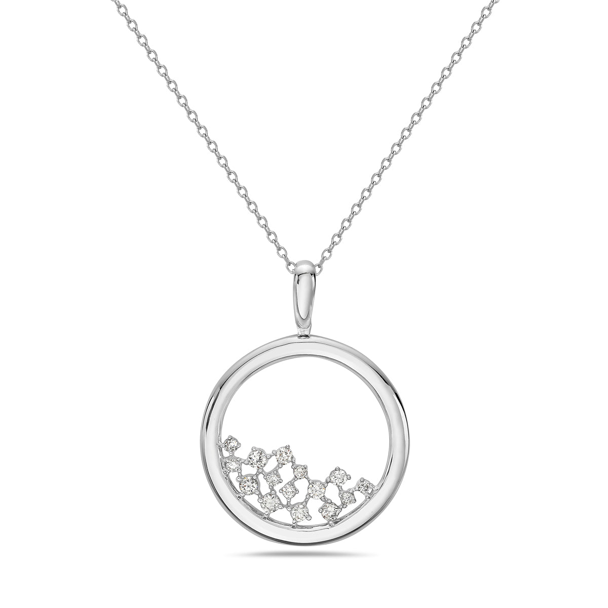 14K White Gold Circle Diamond Cluster Necklace