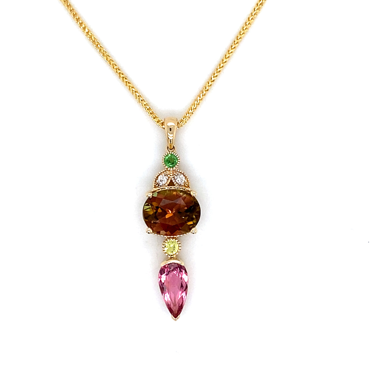 14K Yellow Gold Tourmaline Gemstone & Diamond Drop Necklace
