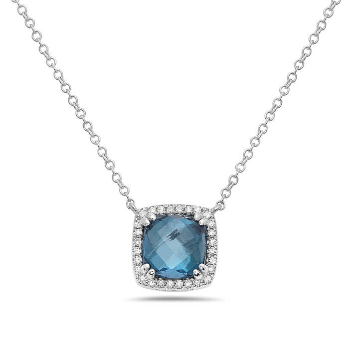 14K White Gold London Blue Topaz & Diamond Halo Necklace