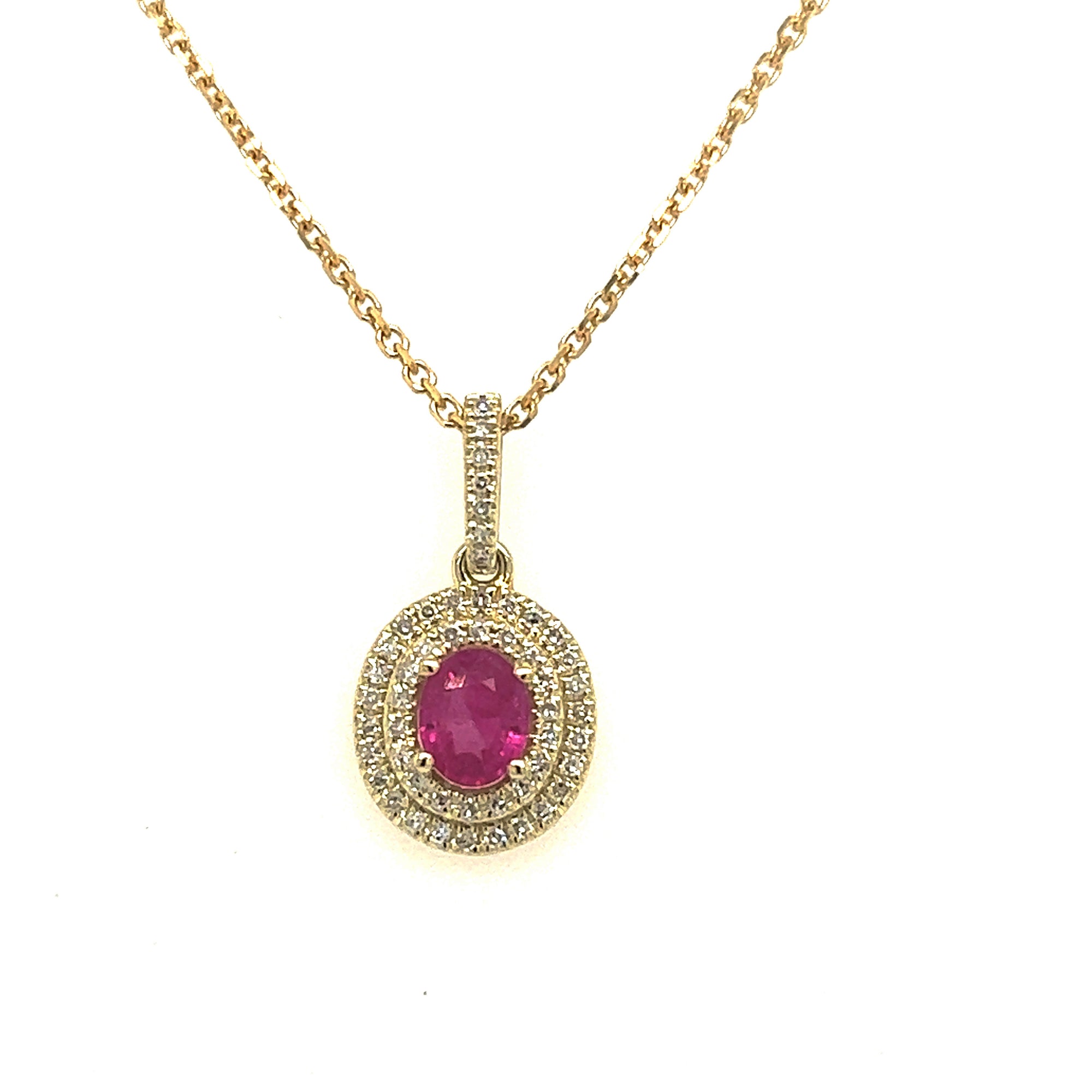 14K Yellow Gold Oval Ruby & Double Diamond Halo Necklace