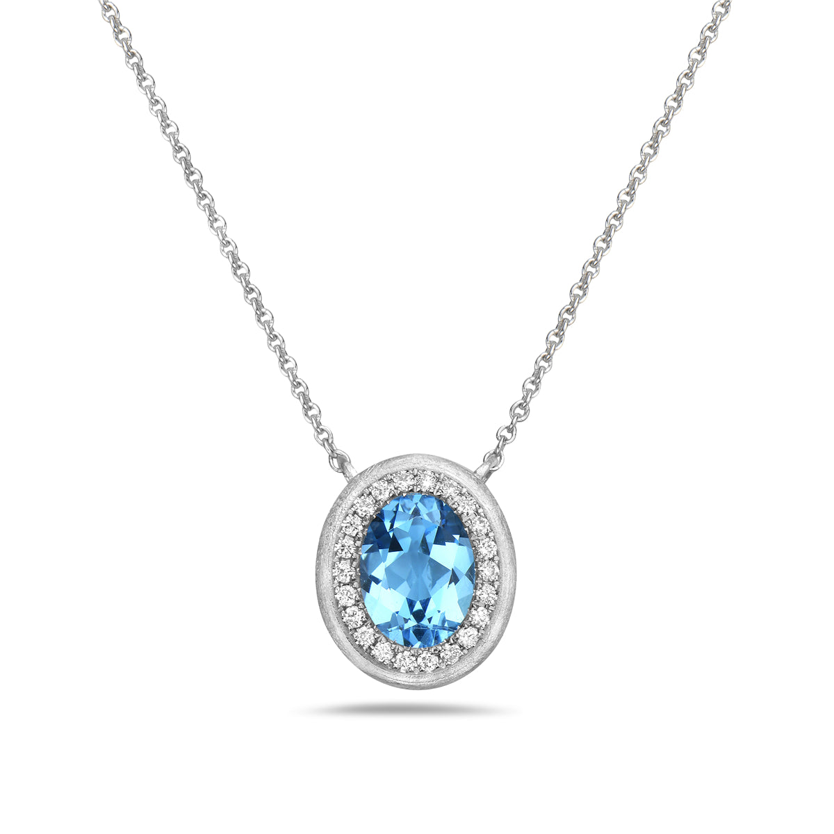 14K White Gold Blue Topaz & Diamond Halo Matte Finish Necklace