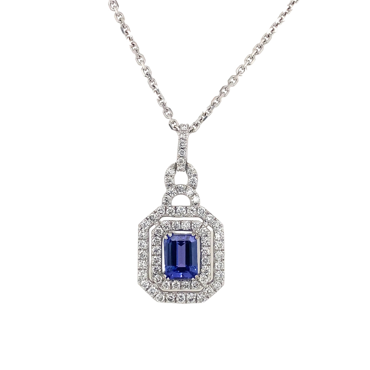 14K White Gold Tanzanite and Double Diamond Halo Necklace