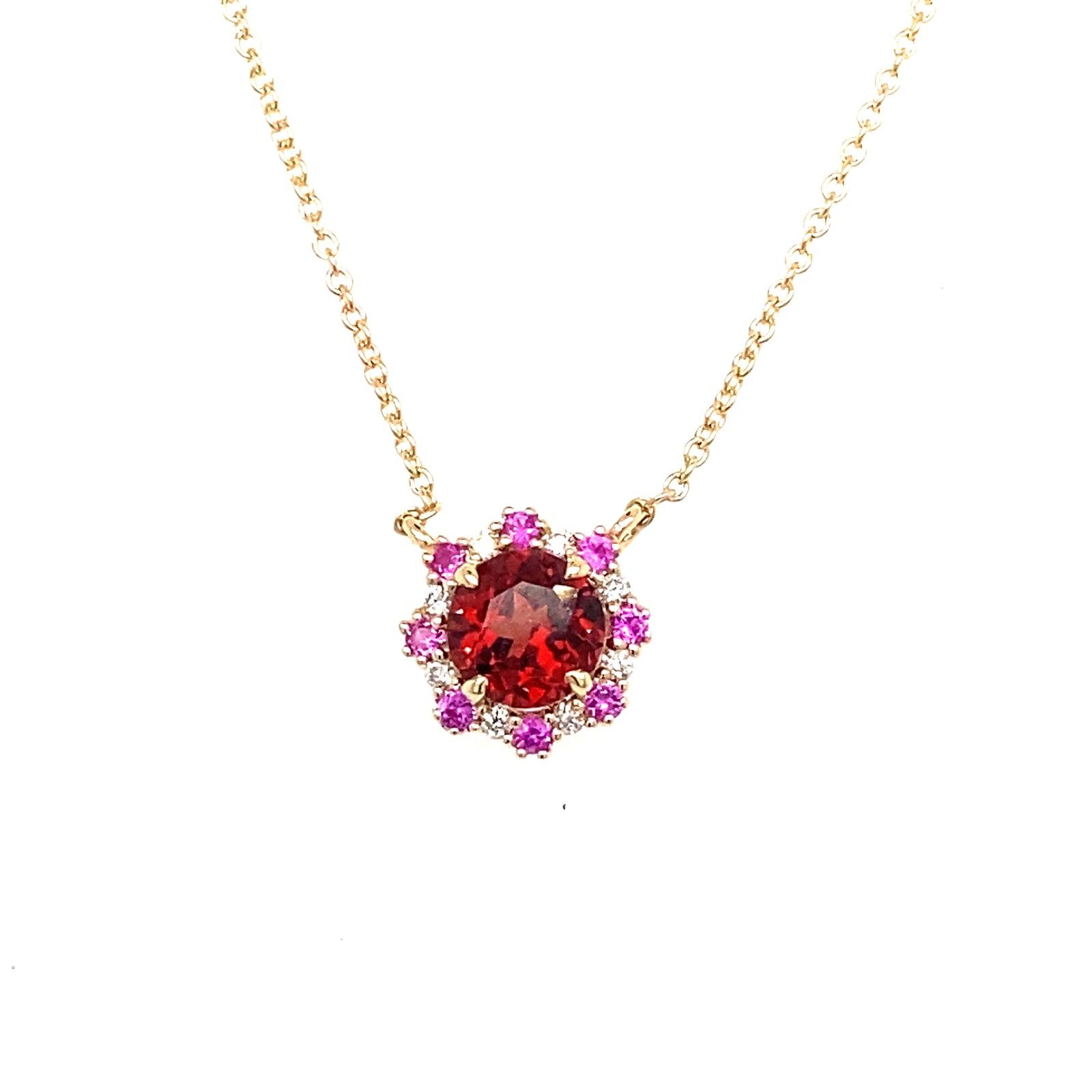 14K Yellow Gold Red Garnet Necklace with Pink Sapphire & Diamond Halo