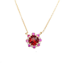 14K Yellow Gold Red Garnet Necklace with Pink Sapphire & Diamond Halo