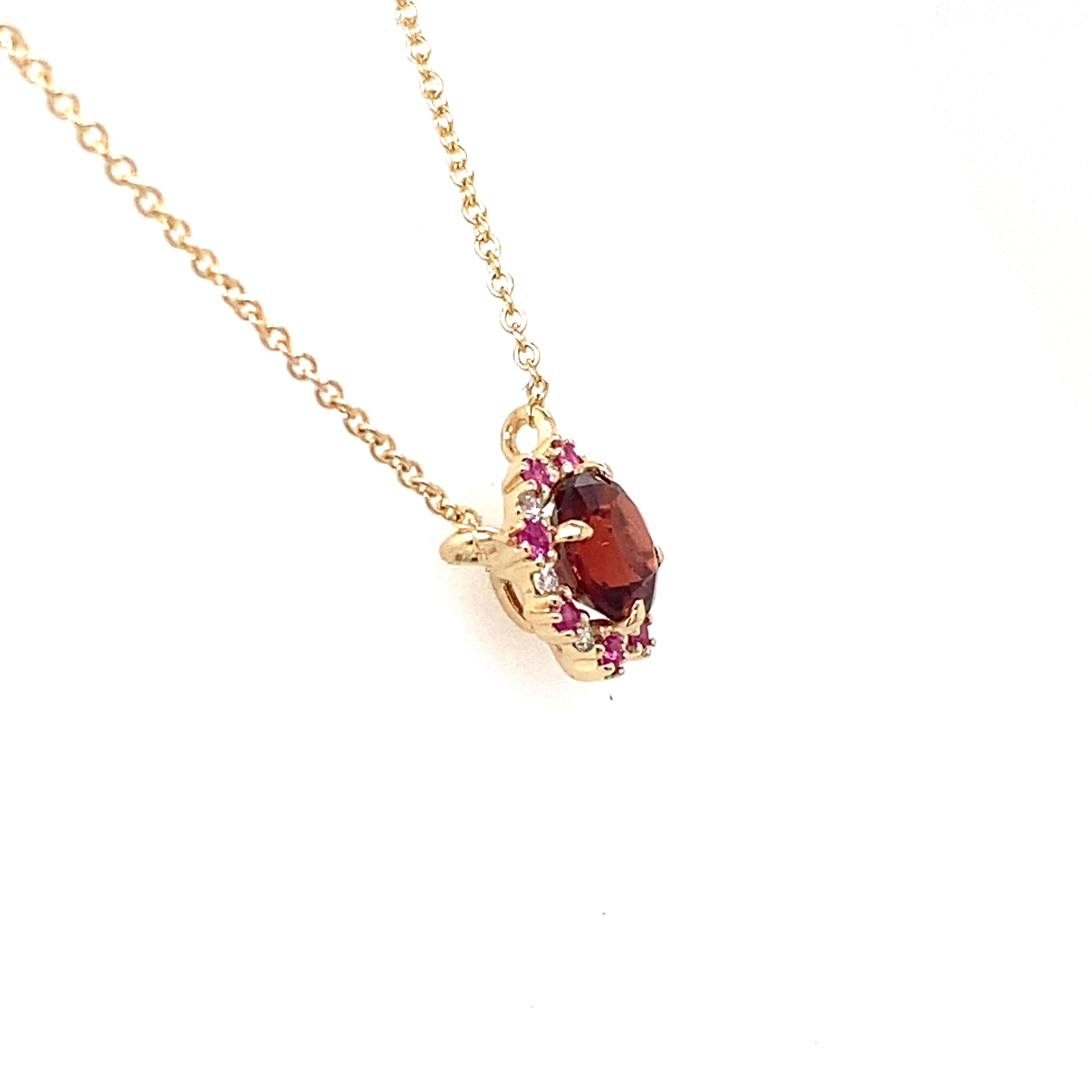 14K Yellow Gold Red Garnet Necklace with Pink Sapphire & Diamond Halo