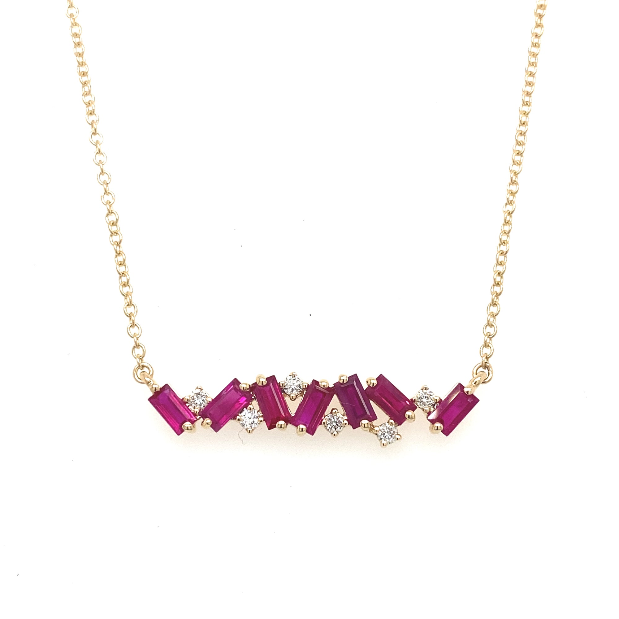 14K Yellow Gold Ruby & Diamond Bar Style Necklace