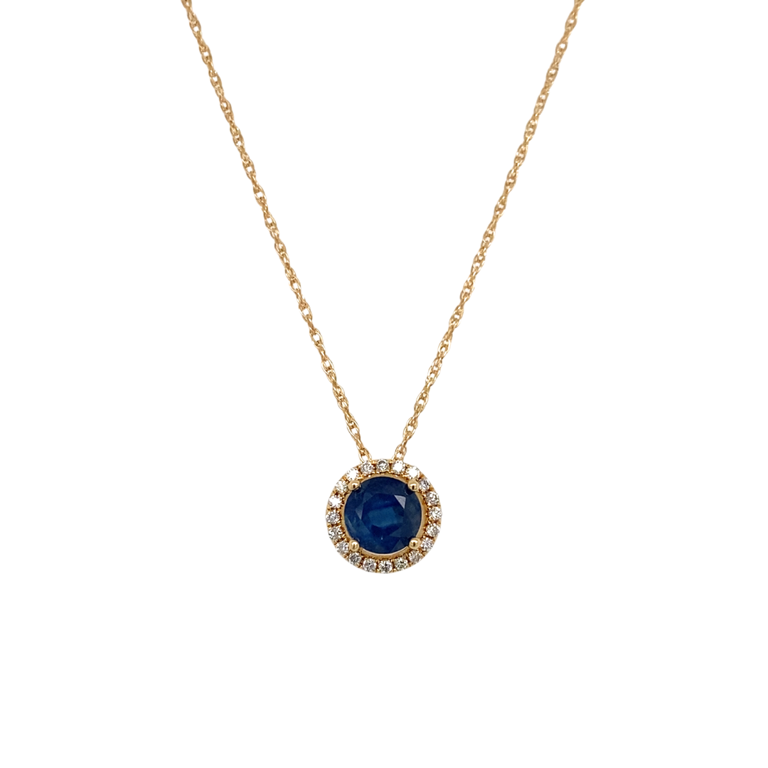 14K Yellow Gold Sapphire & Diamond Halo Necklace