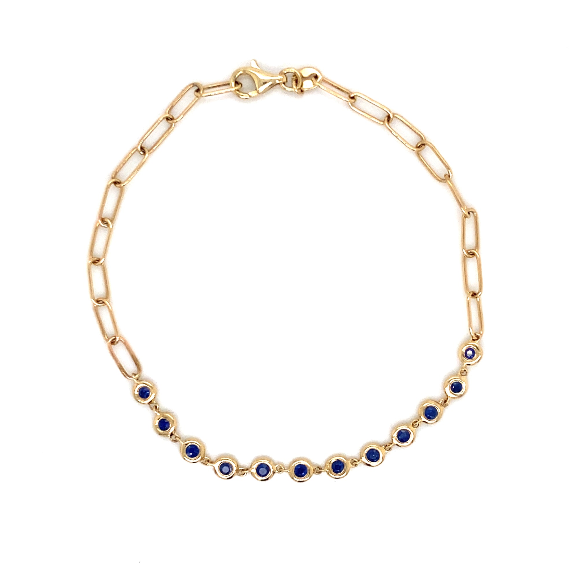 14K Yellow Gold Blue Sapphire Paper Clip Bracelet