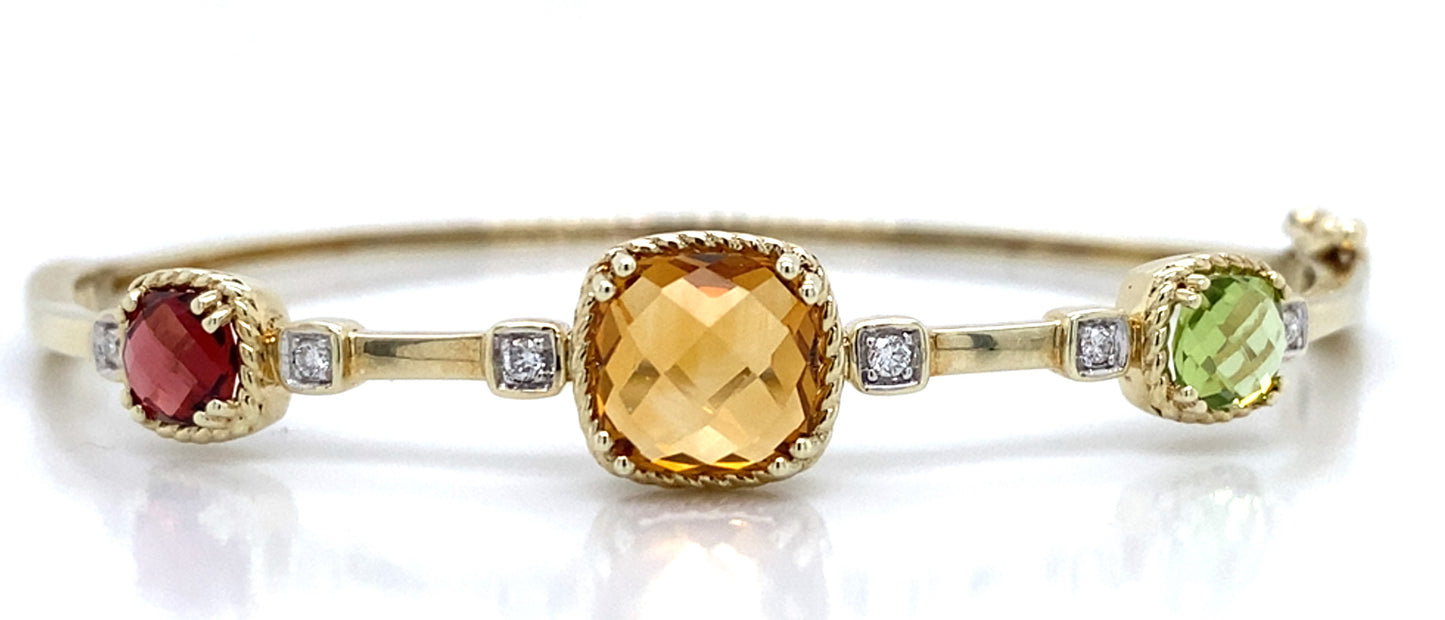 14K Yellow Gold Multi-Gemstone & Diamond Bangle Bracelet