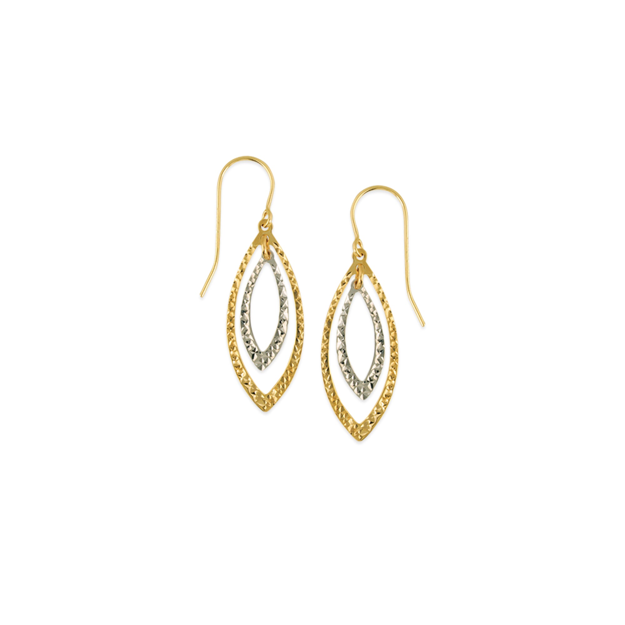 14K Yellow & White Gold Dangle Diamond Cut Marquise Shape Earrings