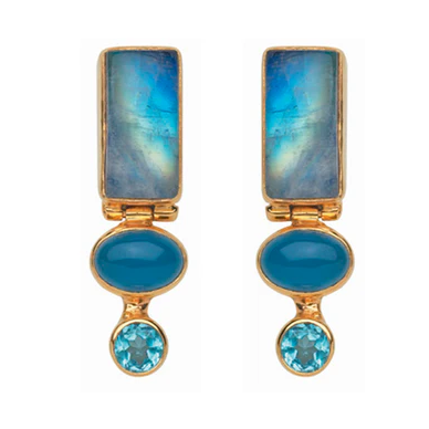 Michou Sterling Silver & 22K Gold Vermeil Earrings with Blue Rainbow Moonstone, Blue Agate & Baby Blue Topaz