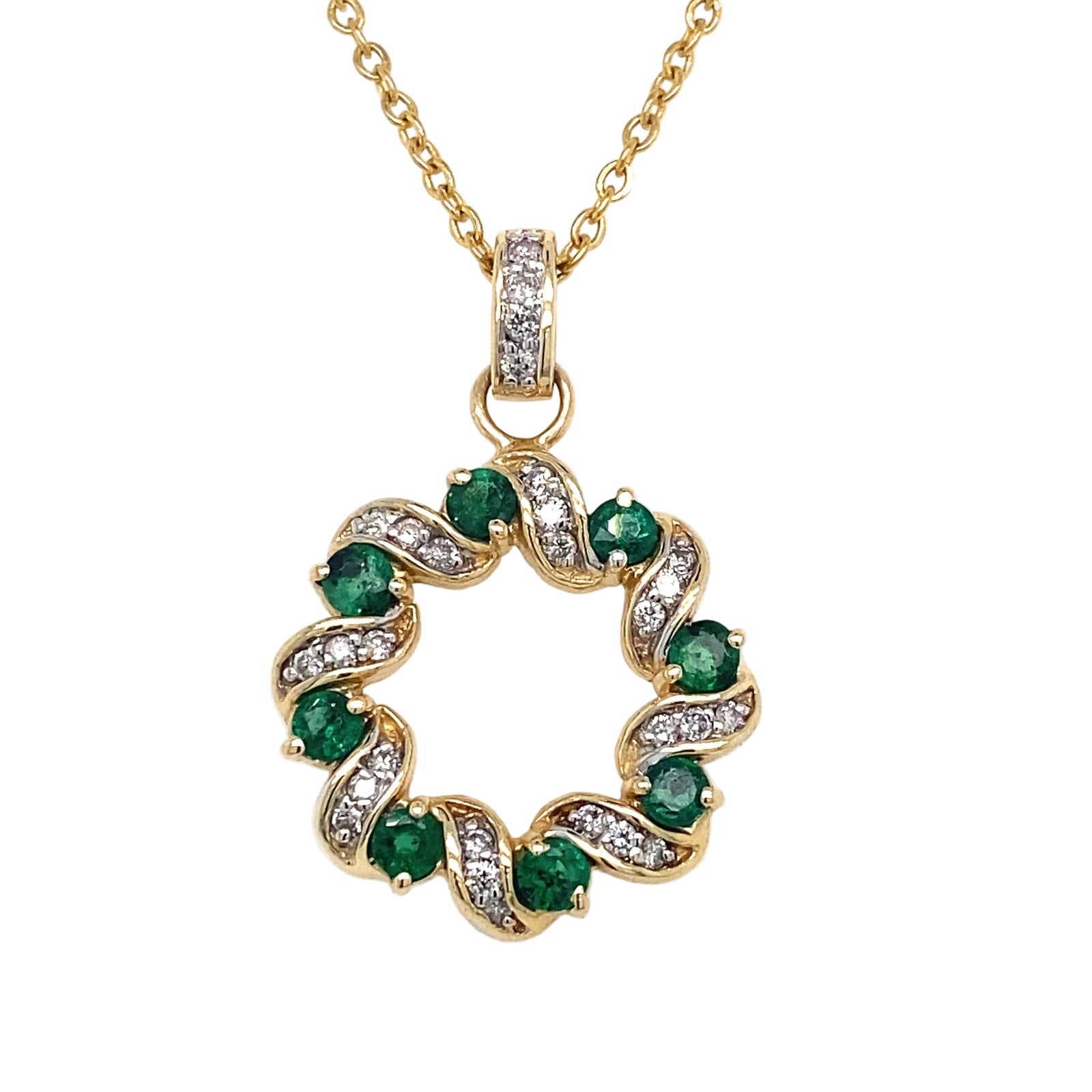 14K Yellow Gold Emerald & Diamond Circle Necklace