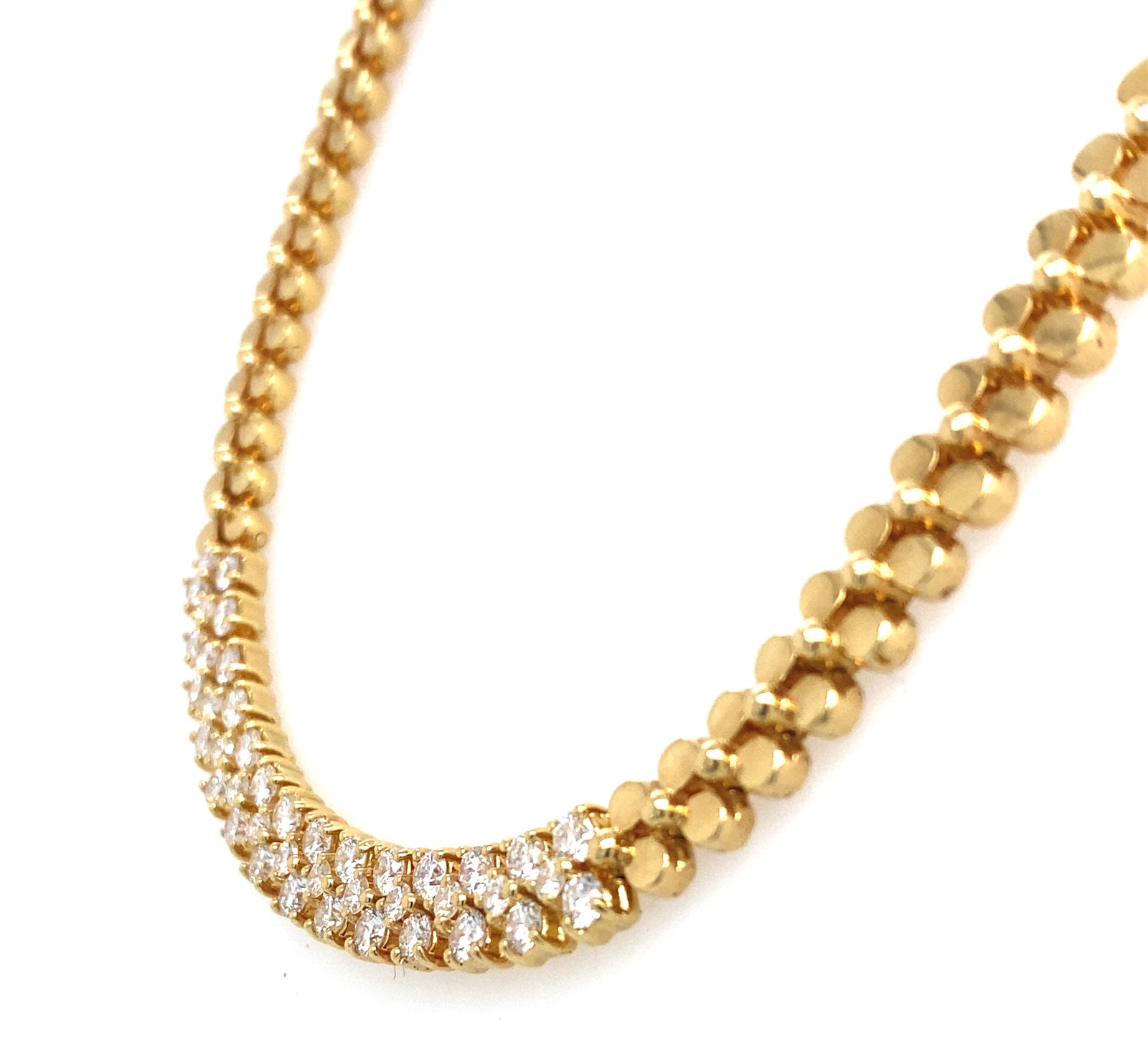 Pre-Owned 18K Yellow Gold Solid Beaded Necklace Featuring A Center Section Of Round Brilliant-Cut Diamonds In A Double-Row Pattern. Finished With A Secure Box Clasp Closure.