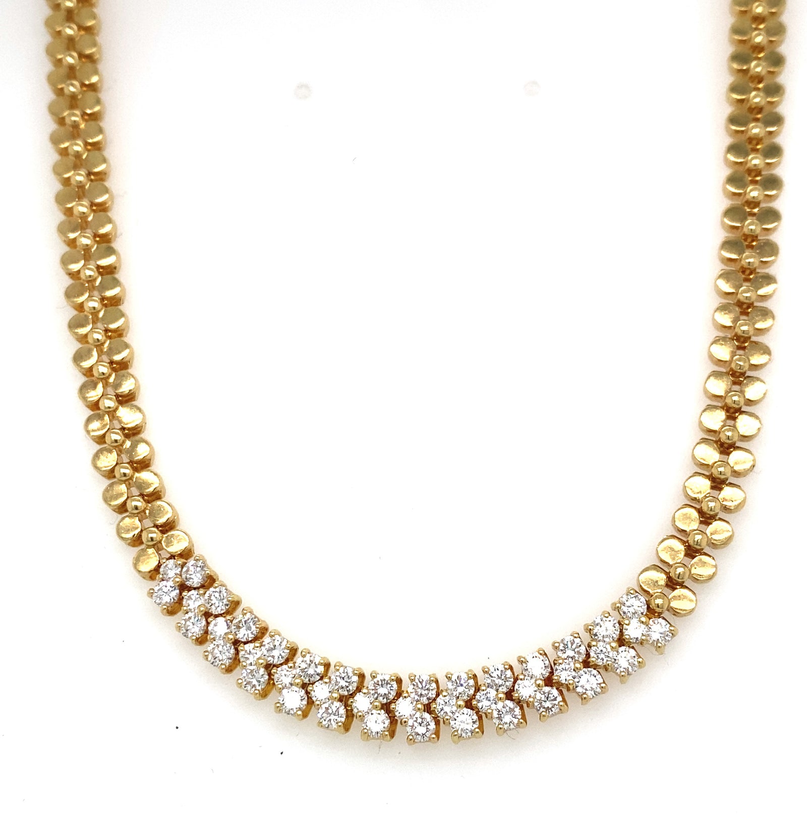 Pre-Owned 18K Yellow Gold Solid Beaded Necklace Featuring A Center Section Of Round Brilliant-Cut Diamonds In A Double-Row Pattern. Finished With A Secure Box Clasp Closure.