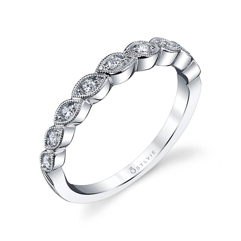 Sylvie 14K White Gold Diamond Half Eternity Ring with Milgrain Finish