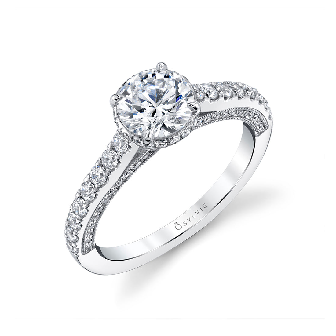 Sylvie 14K White Gold "Marianna" Diamond Engagement Ring with Hidden Halo &amp; Millgrain Details