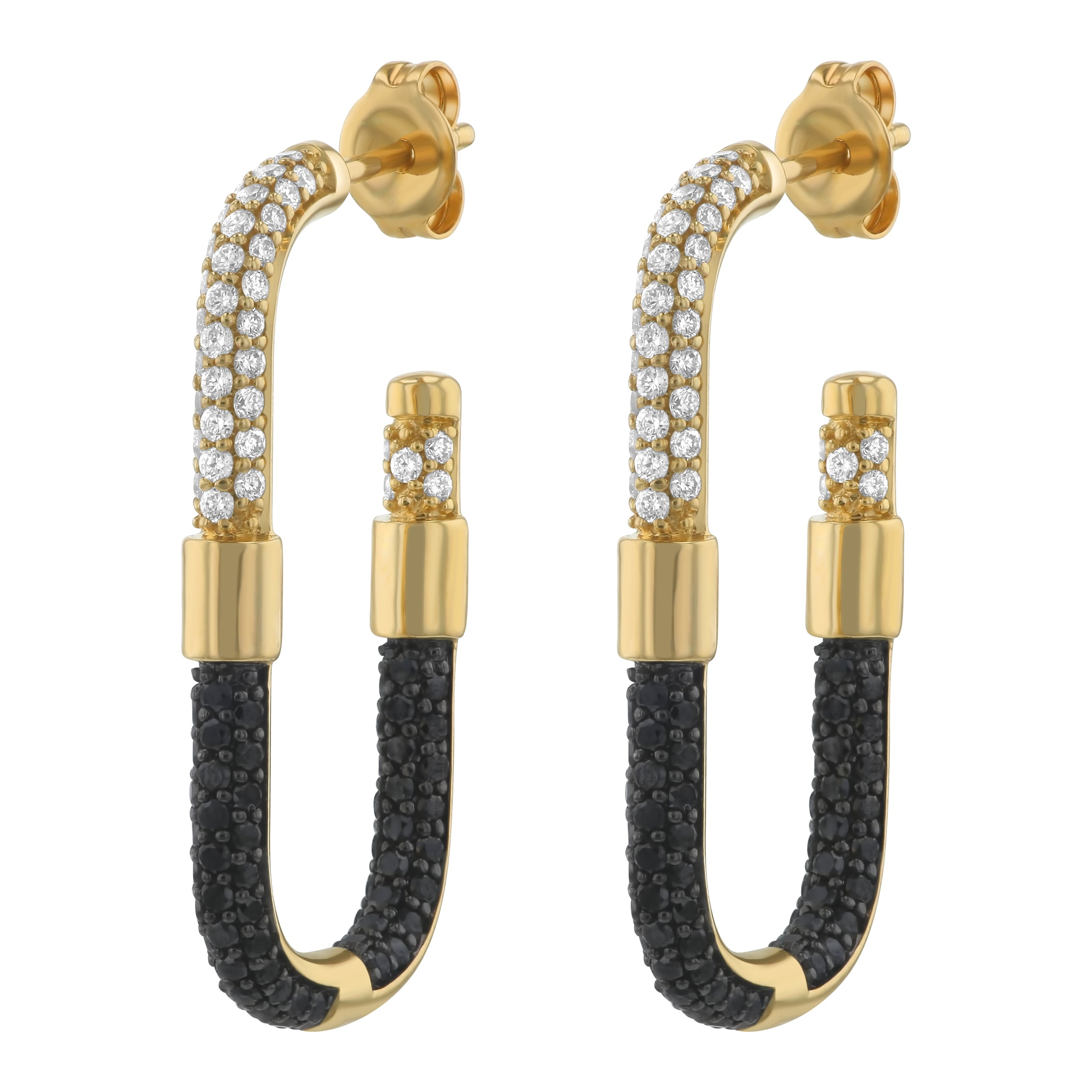 14K Yellow Gold Black & White Diamond Hoop Geometric Earrings